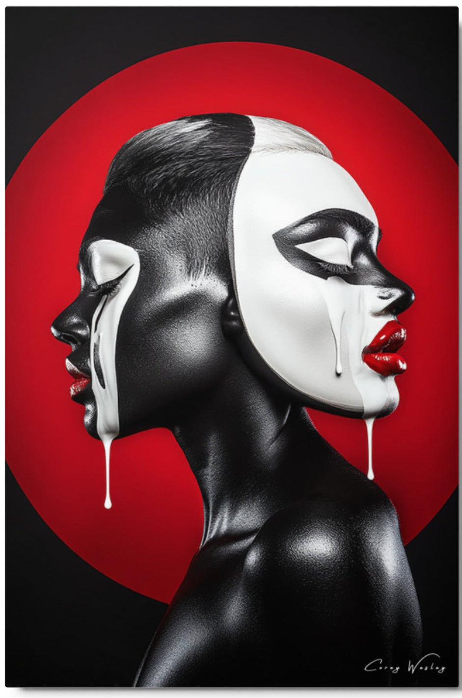 Two-Faced by Corey Wesley, 24x36 aluminum contemporary artwork shown in a modern collector's interior, Milton Wes Art.