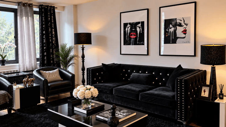 Liberated Tears and Two Truths, One Body by Corey Wesley hang above a black sofa in the artist's Harlem home.