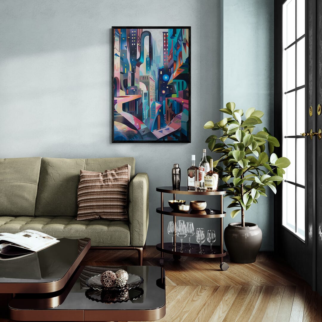 Modern abstract African-American wall art in a stylish living room with colorful cityscape design, perfect for Afrocentric home decor and gallery-quality prints.