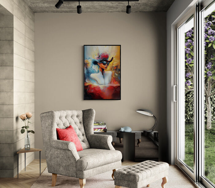 Modern living room featuring abstract African-American woman in hat and sunglasses framed canvas art, blending vibrant colors and fluid brushstrokes.