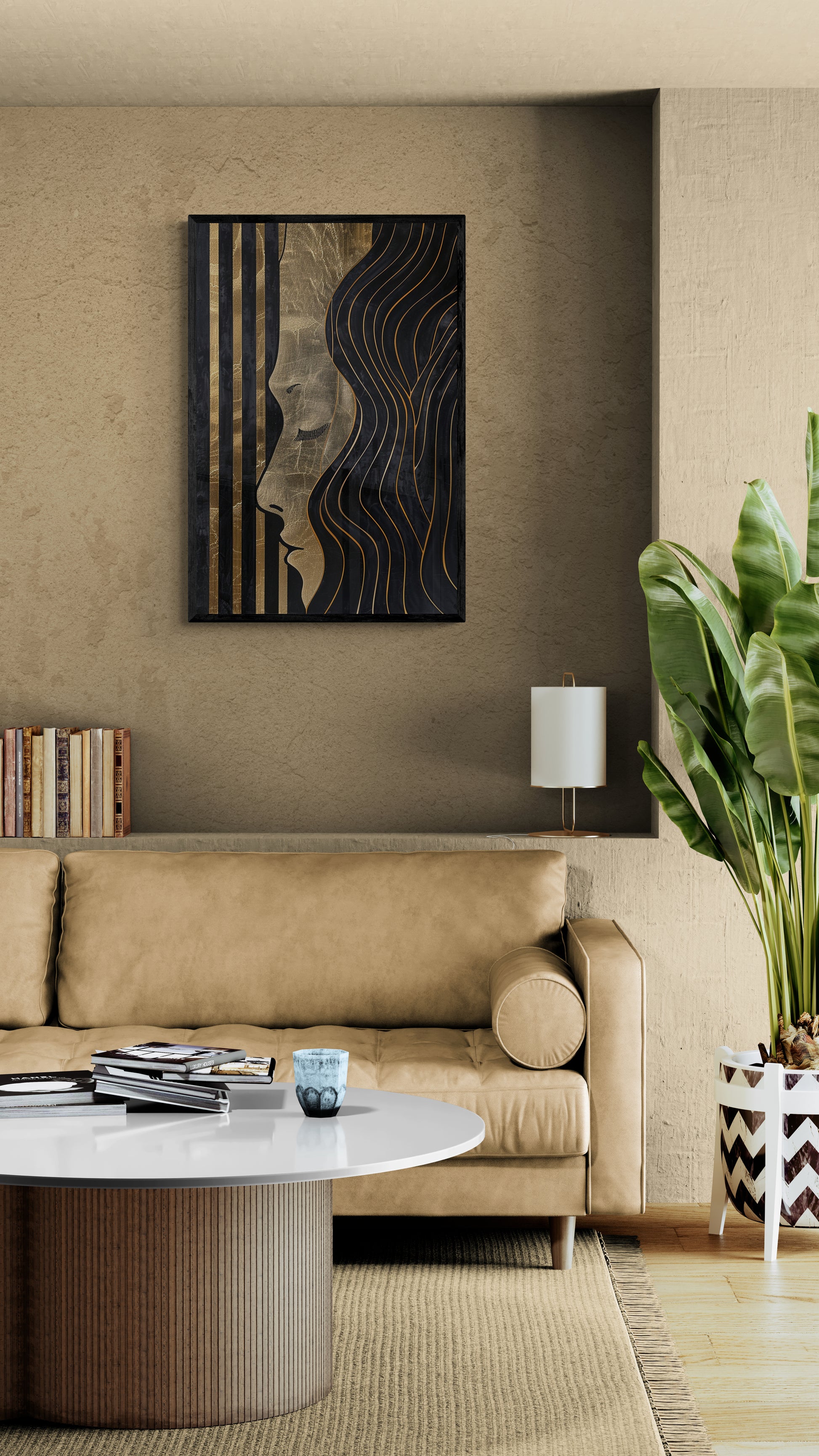 Elegant living room featuring a framed canvas art piece from Milton Wes Art, displaying abstract faces in gold and black, complemented by a beige sofa, round coffee table, and lush green plants.