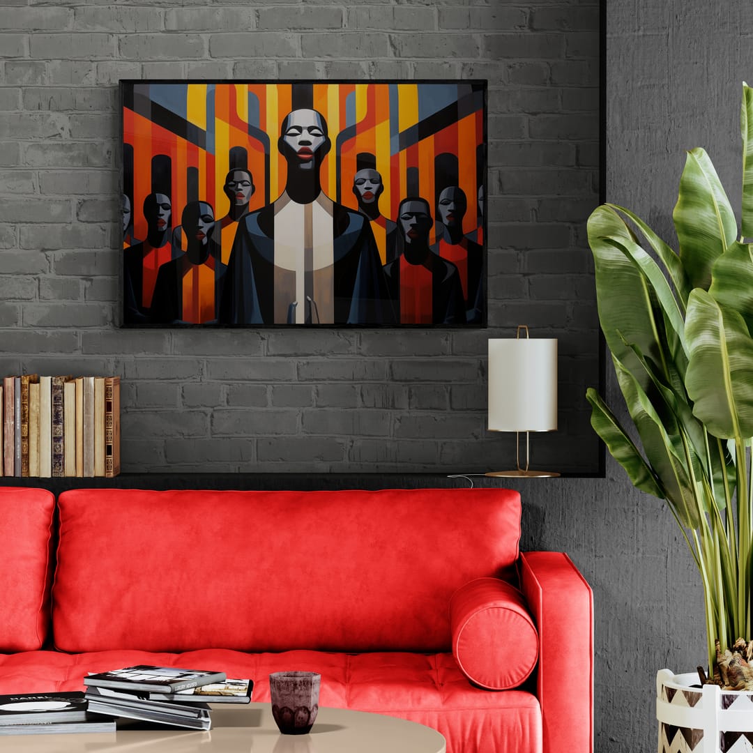 Stylish living room with bold red sofa and vibrant Black art of powerful figures on a gray brick wall, part of the Vibrant Voices Black Art Collection.