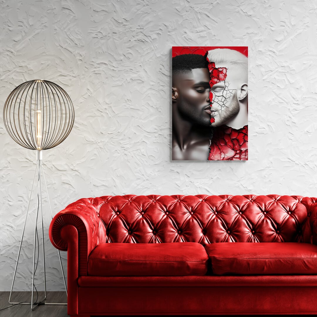 Contemporary metal art of two men’s profiles with fragmented faces, highlighting unity and vulnerability in a modern living room with red leather sofa