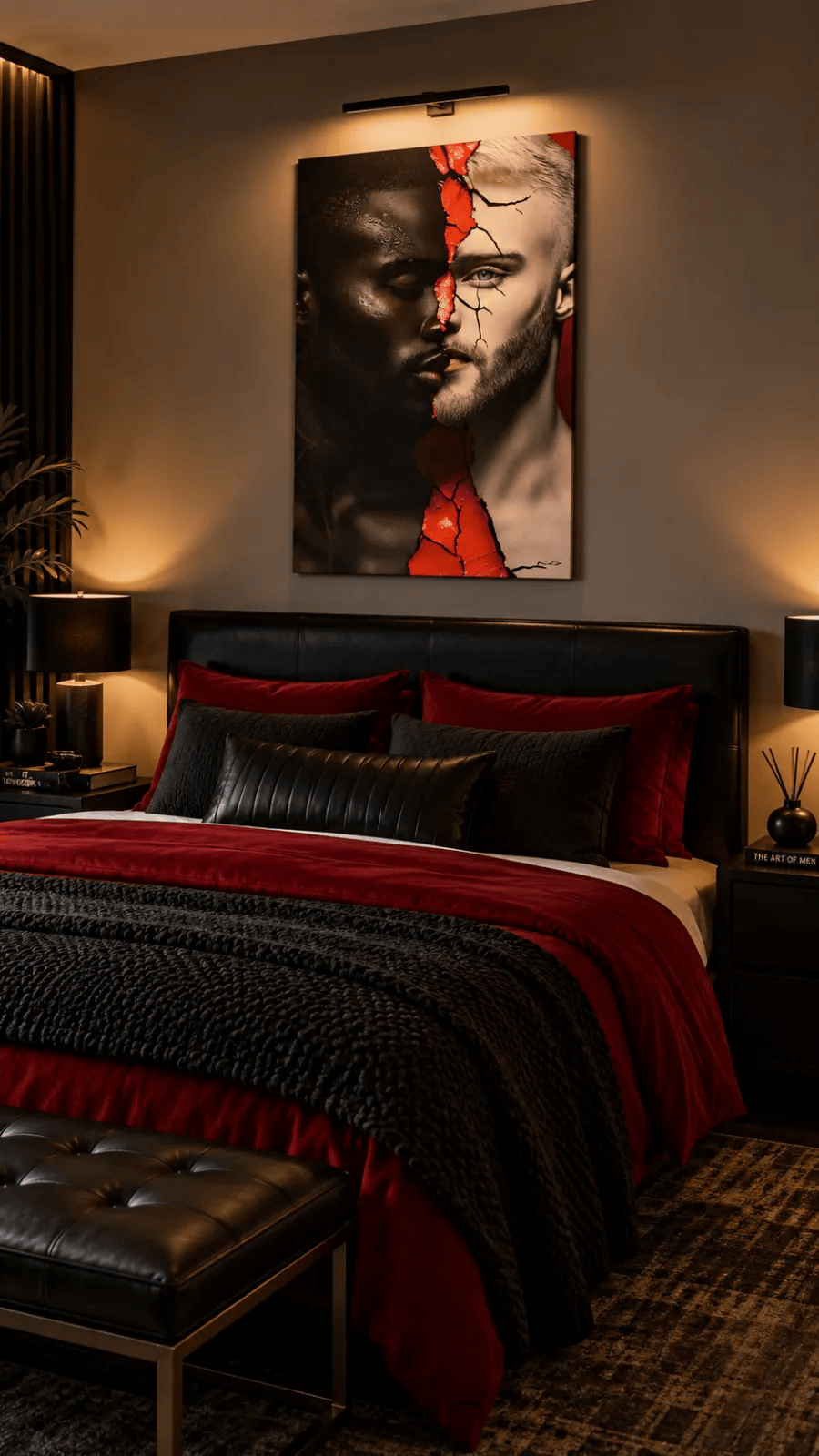 Love and Lies by Corey Wesley hanging above a bed with red and black bedding.