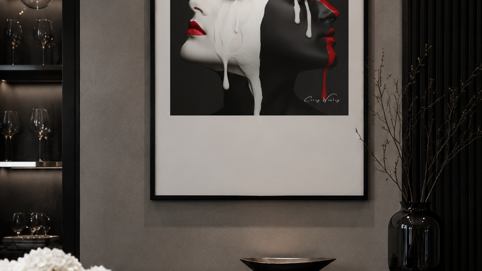 Love in Contrast by Corey Wesley, 24x36 framed contemporary artwork displayed in modern luxury dining room with black and white aesthetic, Milton Wes Art