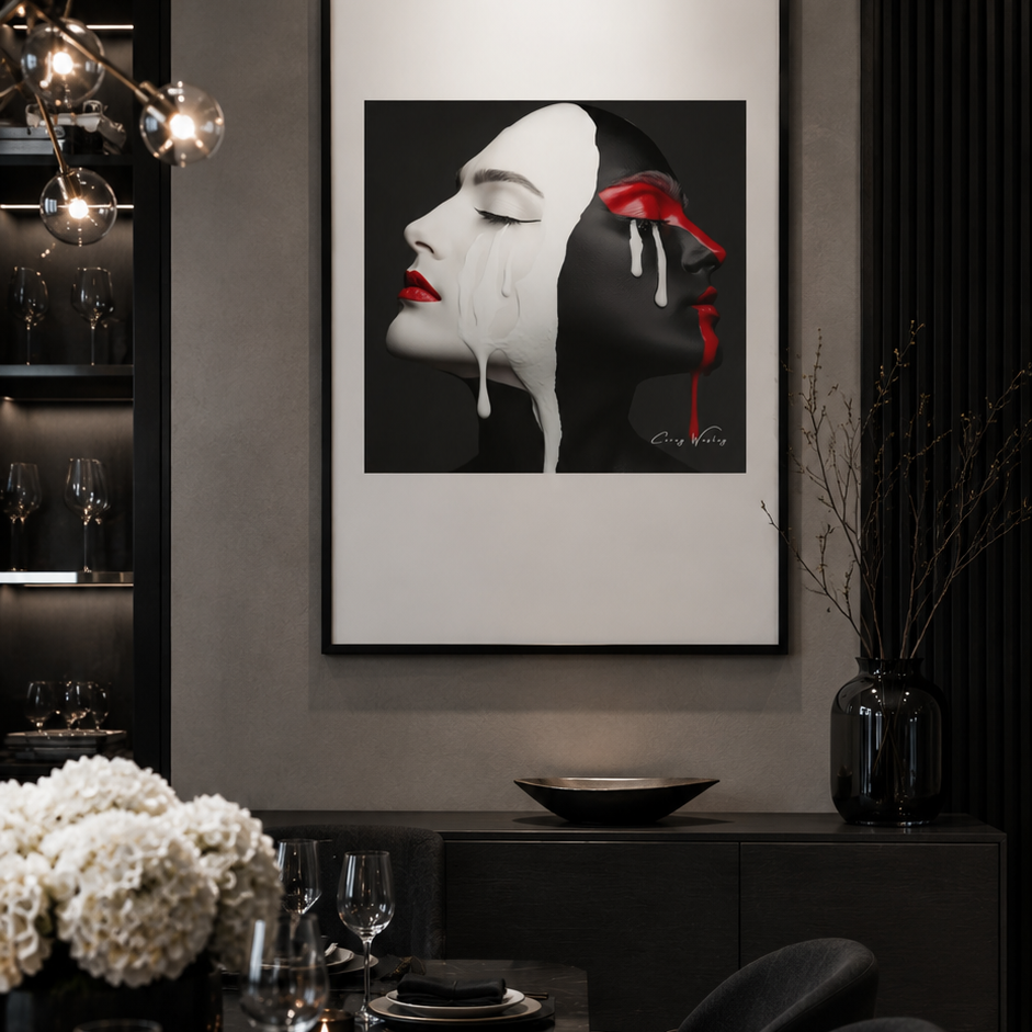 Love in Contrast by Corey Wesley, 24x36 framed contemporary artwork displayed in modern luxury dining room with black and white aesthetic, Milton Wes Art