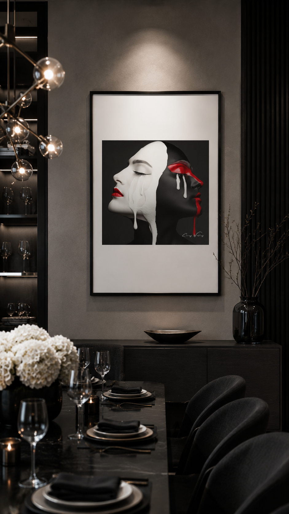 Love in Contrast by Corey Wesley, 24x36 framed contemporary artwork displayed in modern luxury dining room with black and white aesthetic, Milton Wes Art contemporary figurative portrait artwork by Harlem artist Corey Wesley