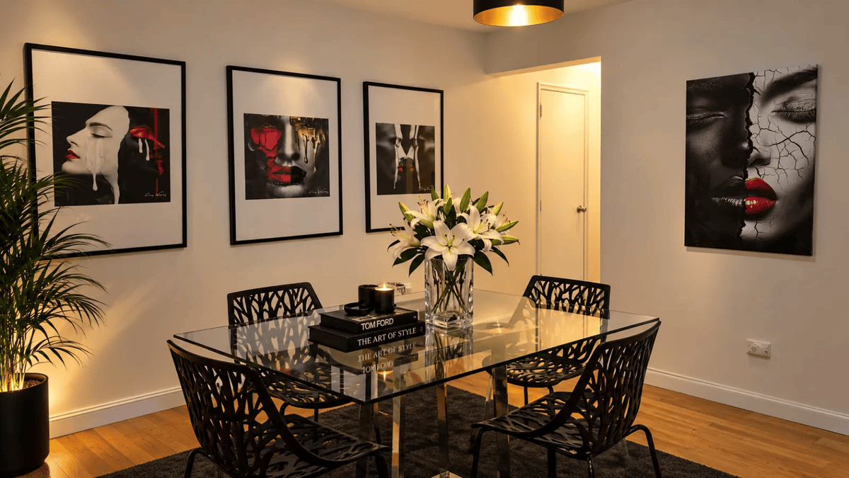 Love in Contrast, Gold Doesn't Heal, and Presence Undiminished displayed with Cracked Fusion in Corey Wesley's Harlem home studio dining room.