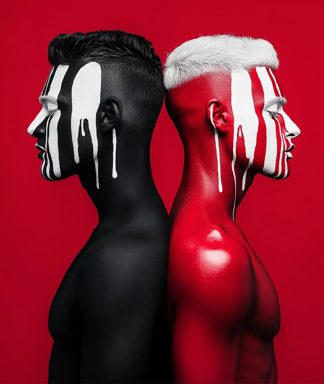 Luxury Wall Art by Corey Wesley – A Bold, Avant-Garde Portrait Featuring Contrasting Black and Red Figures with Striking White Paint Drips