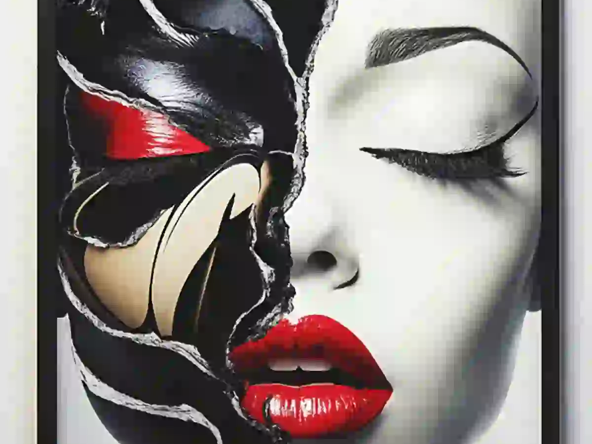 Luxury wall art by Corey Wesley featuring a dramatic split face with bold red lips and monochrome texture