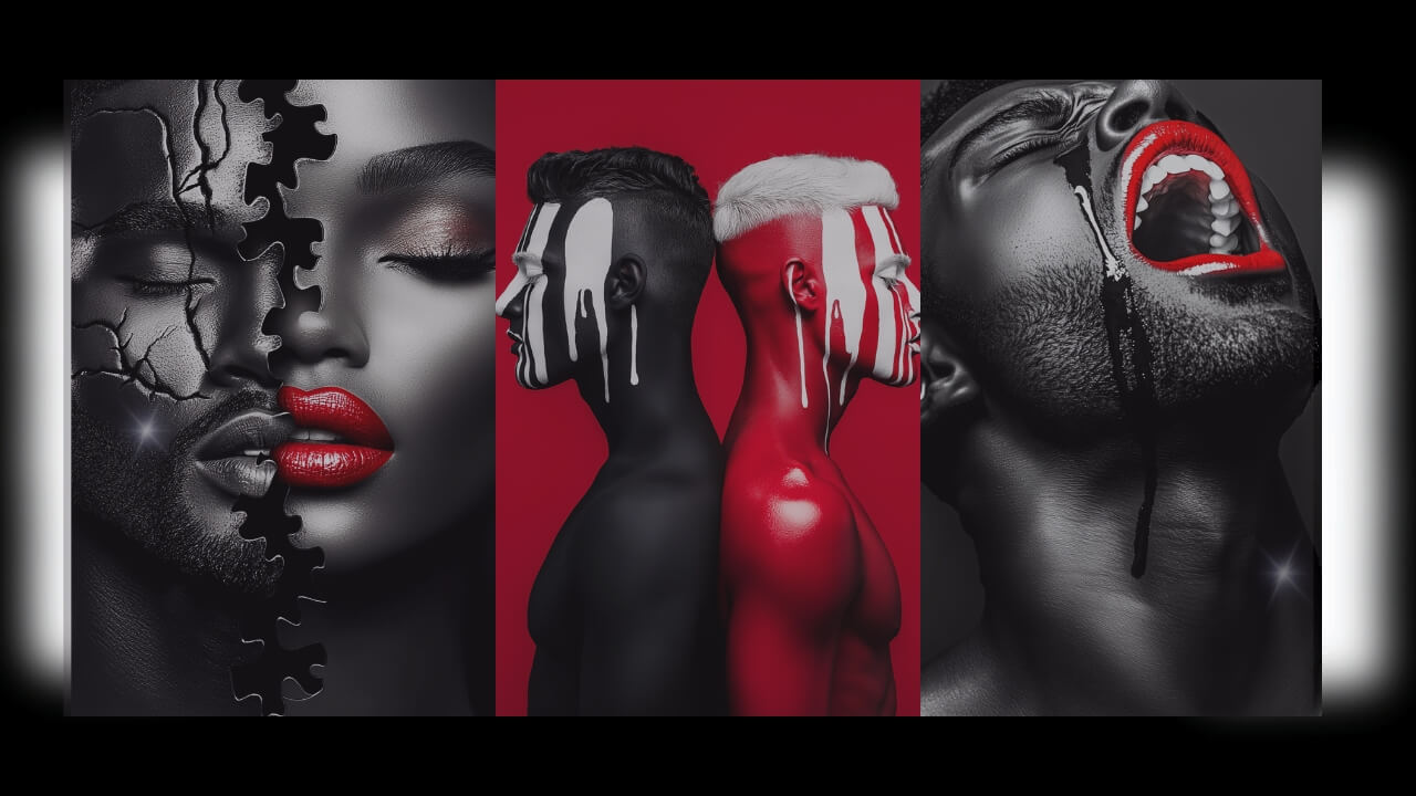 Luxury wall art by Corey Wesley | Bold, high-contrast artwork featuring red, black, and white painted portraits, offering metal and framed prints for interiors.
