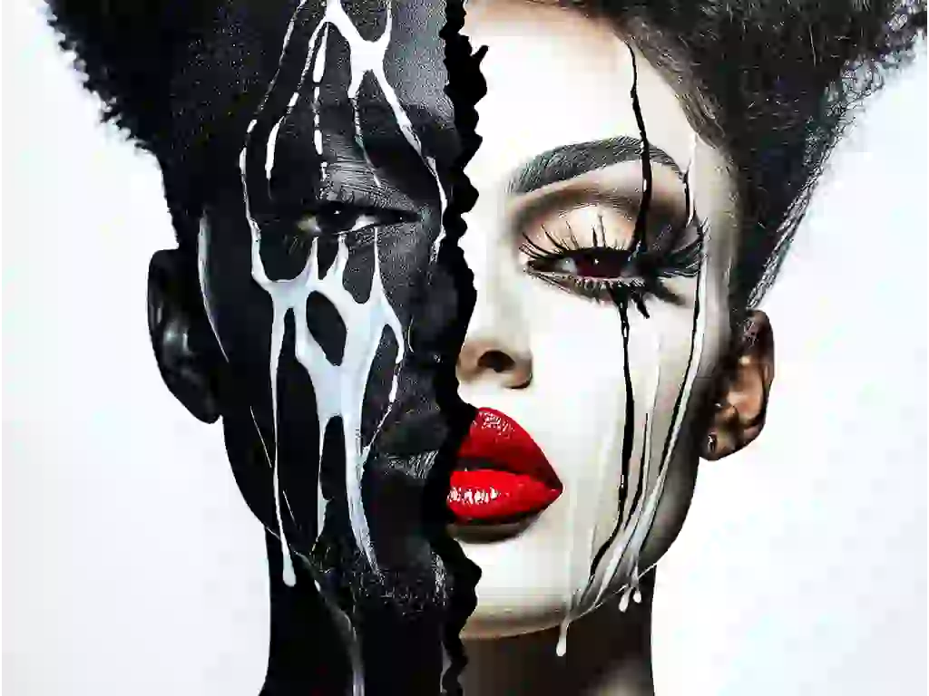 Bold metal wall art by Corey Wesley featuring a split portrait of an African man and a white woman with dripping black and white paint, red lips, and textured contrast for luxury interiors.