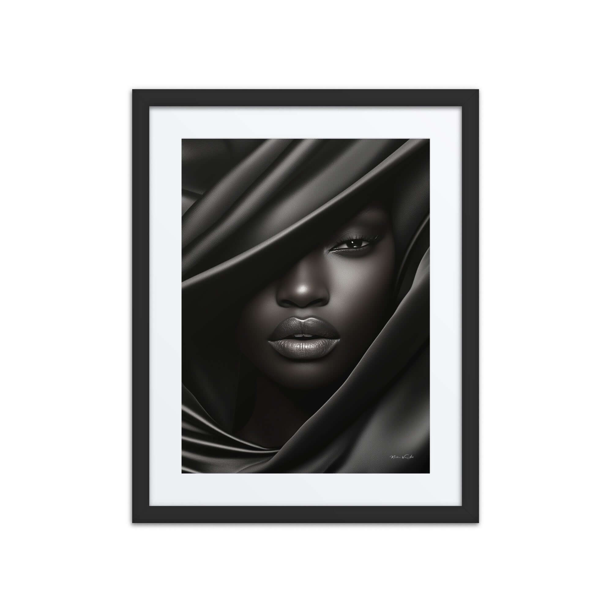 Elegant African-American portrait wall art in .75" Ayous wood frame, Afrocentric modern decor, ready-to-hang black heritage canvas print