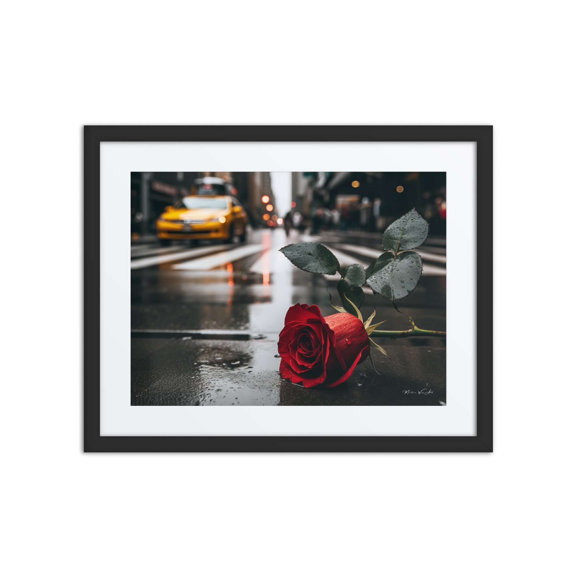 Framed poster of NYC rainy street scene with a red rose on the ground and blurred taxi in the background. Perfect Afrocentric home decor.