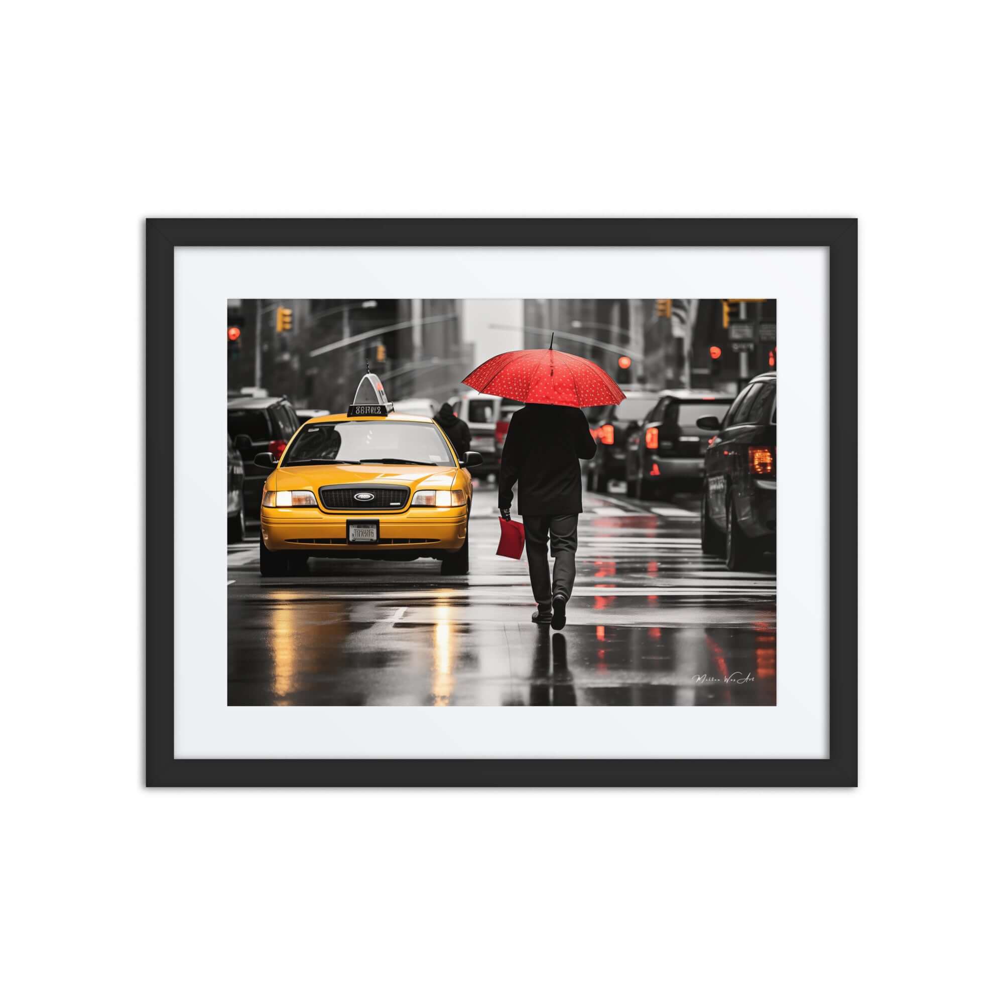 Framed New York Taxi poster art with iconic yellow cab and red umbrella, perfect for modern African-American wall art and Afrocentric home decor.