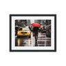 Framed New York Taxi poster art with iconic yellow cab and red umbrella, perfect for modern African-American wall art and Afrocentric home decor.