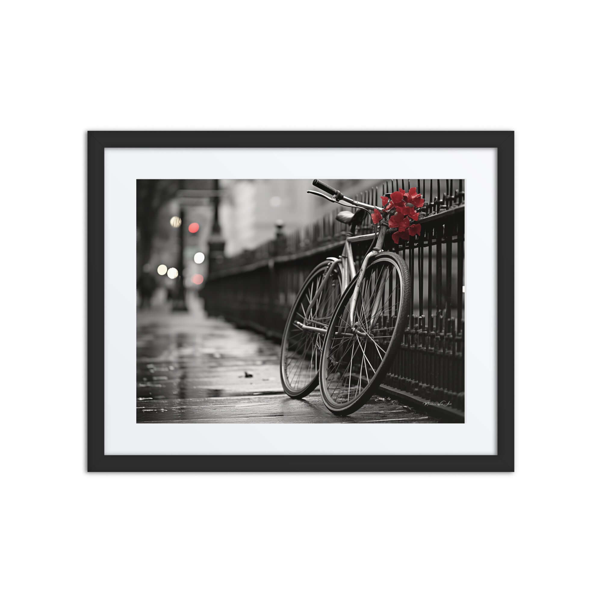 Black and white urban photo of a bicycle with red flowers, framed wall art for modern spaces and African-American home decor.