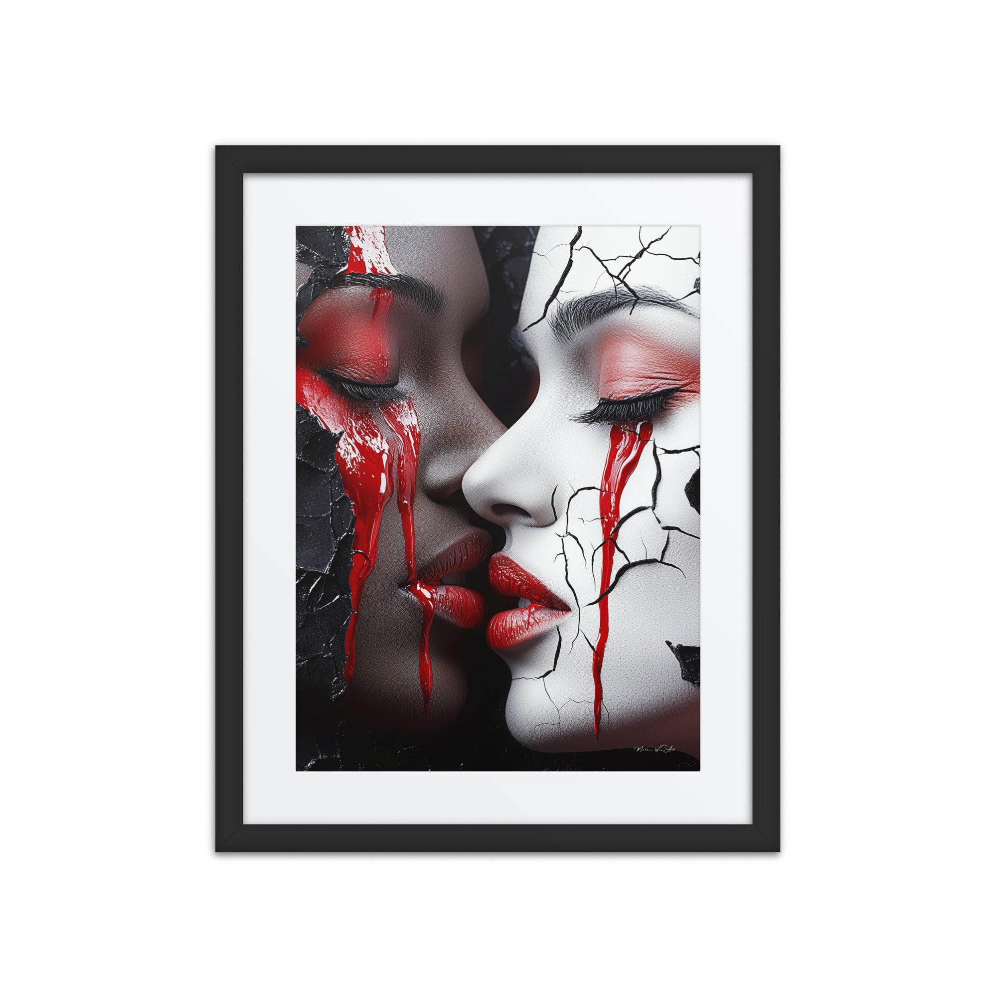 Embrace of Shadows and Light - Abstract African-American framed print with vivid red accents and cracked textures, ideal for Afrocentric home decor.