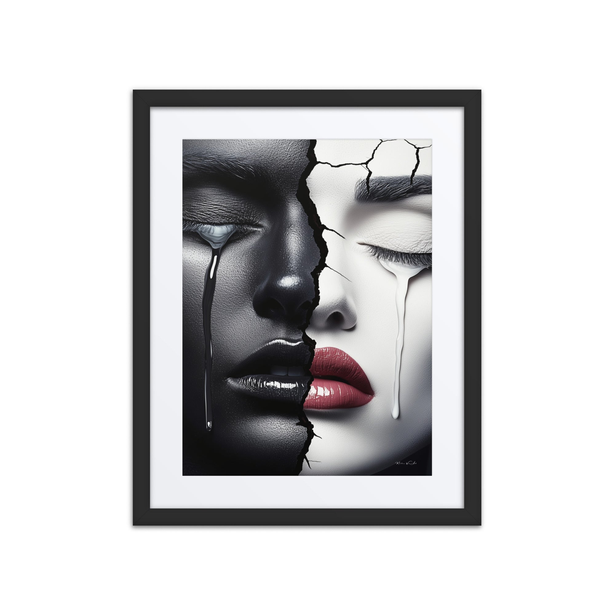 Duality of Tears: Black and White Fractured Faces framed abstract African-American canvas art for Afrocentric home decor.