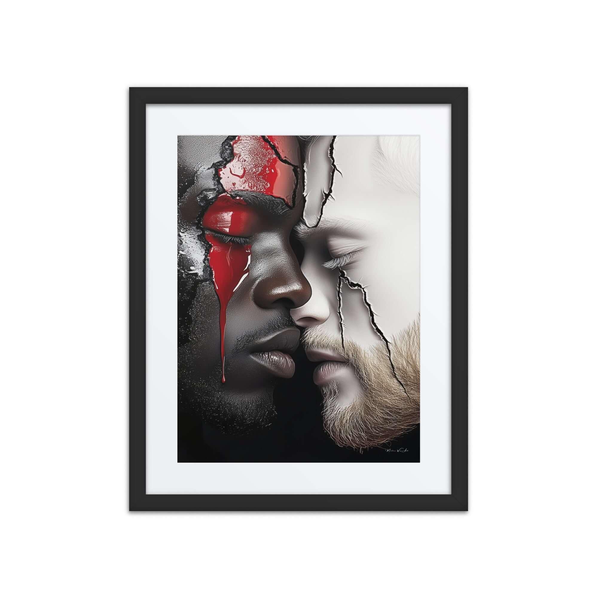 "Contemporary framed print of lovers, art by Corey Wesley, ready to hang, featuring emotional imperfections and connection, NYC large-scale wall art"