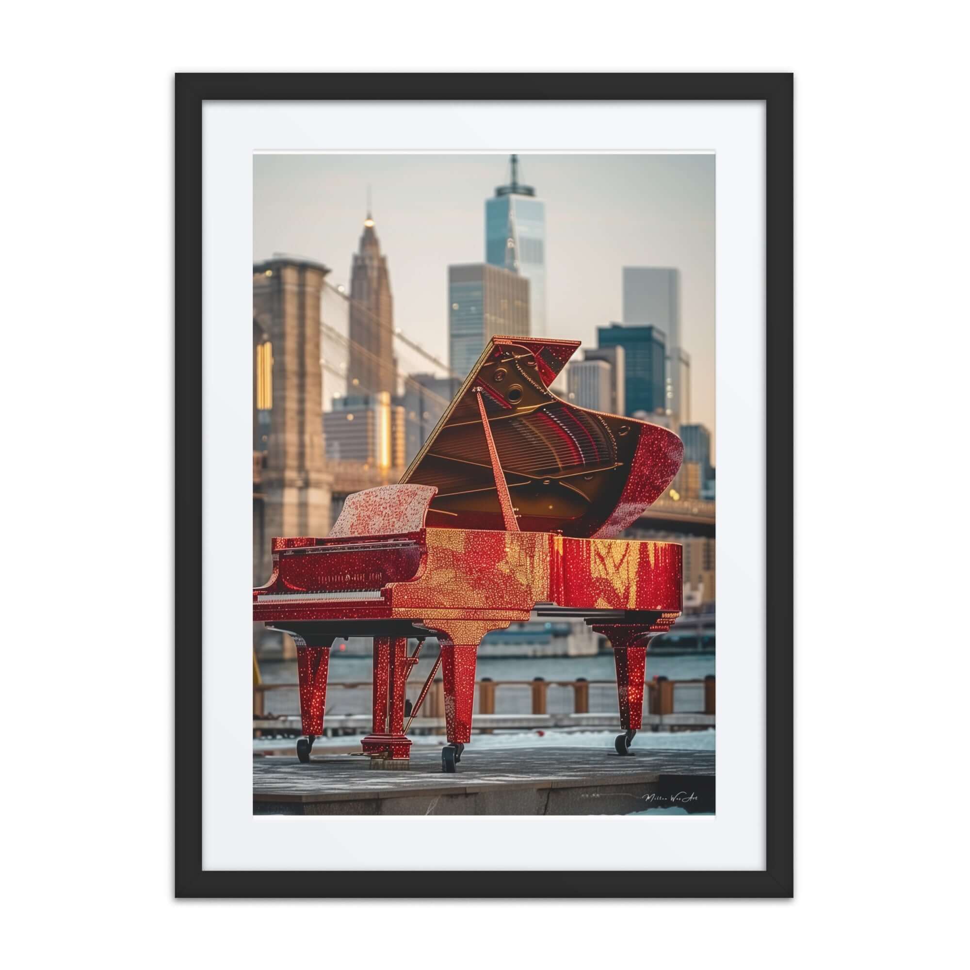 Framed modern wall art of a glittering red grand piano with cityscape background, perfect for Afrocentric home decor and elegant music-themed spaces