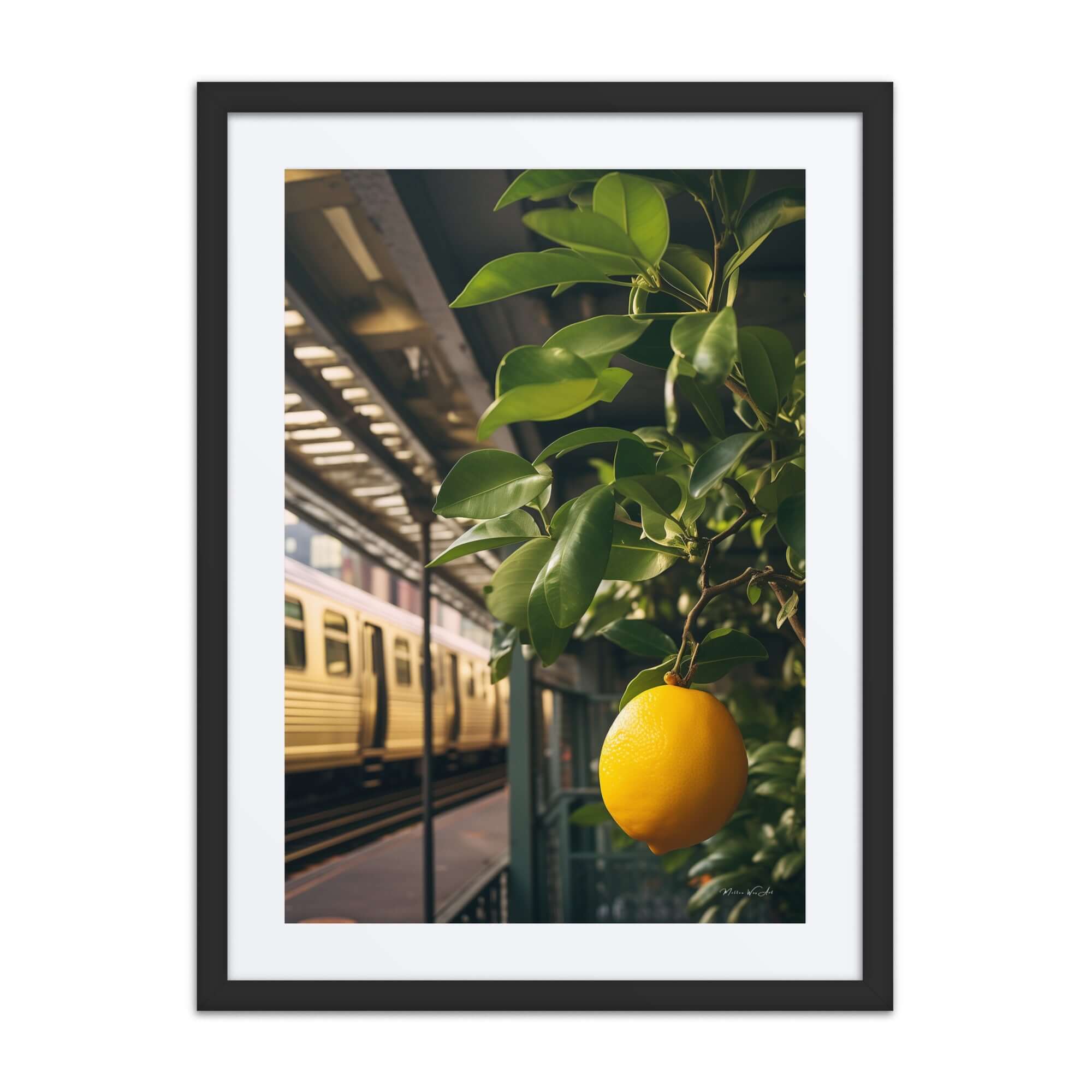 Vibrant NYC Lemon Tree framed wall art, modern African-American decor with fresh, zesty design for kitchen and dining areas.