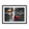 Red Rose Rainy NYC Street Scene Framed Poster - African-American wall art, modern Afrocentric home decor, ready-to-hang framed canvas art