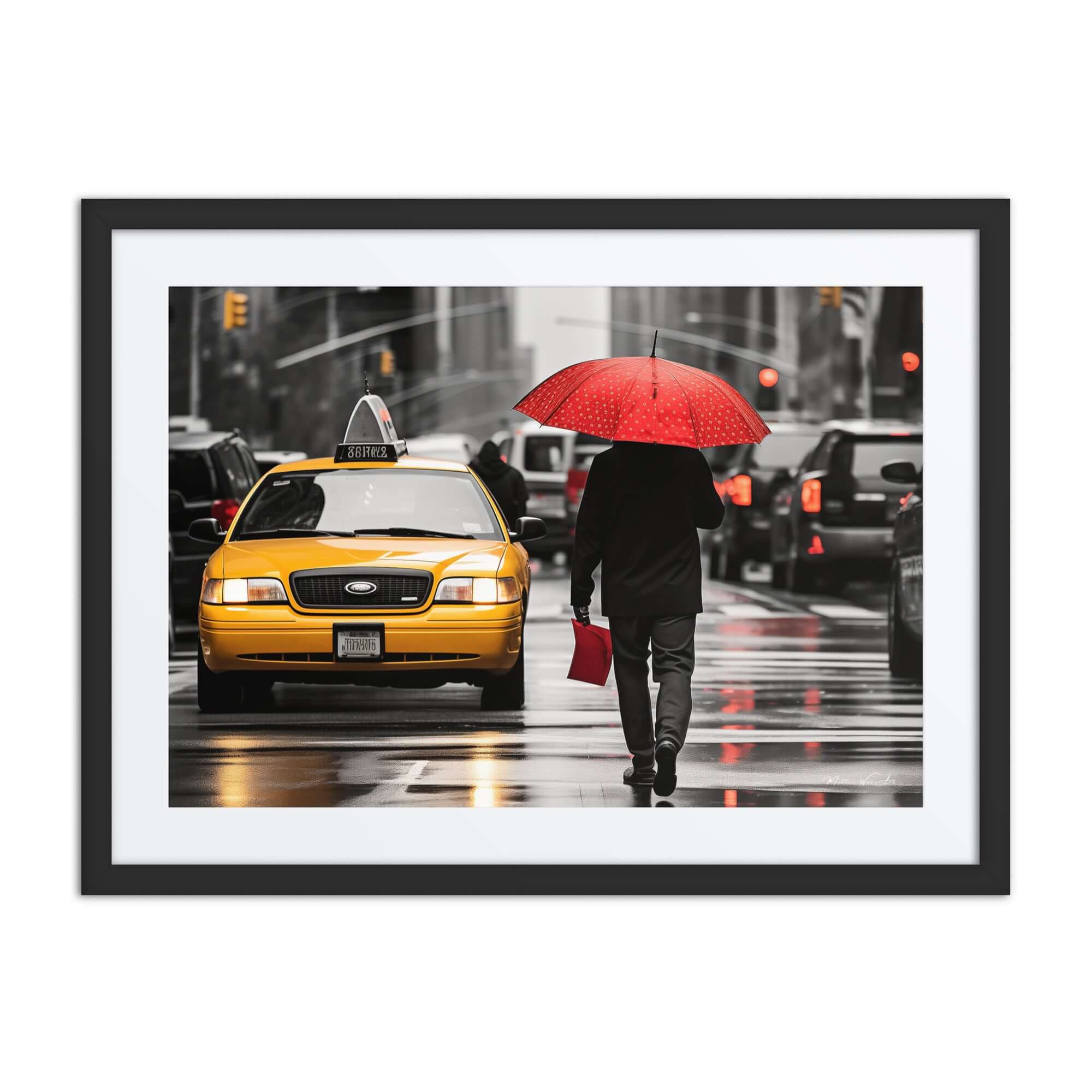 Iconic New York City yellow taxi with person holding red umbrella, abstract African-American framed wall art for modern home décor