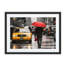 Iconic New York City yellow taxi with person holding red umbrella, abstract African-American framed wall art for modern home décor