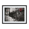 Black and white urban photo with a bicycle and red flowers, framed wall art, modern African-American canvas print