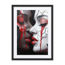 "Embrace of Shadows and Light - Abstract African-American framed print with two contrasting faces, vivid red accents, and cracked textures"