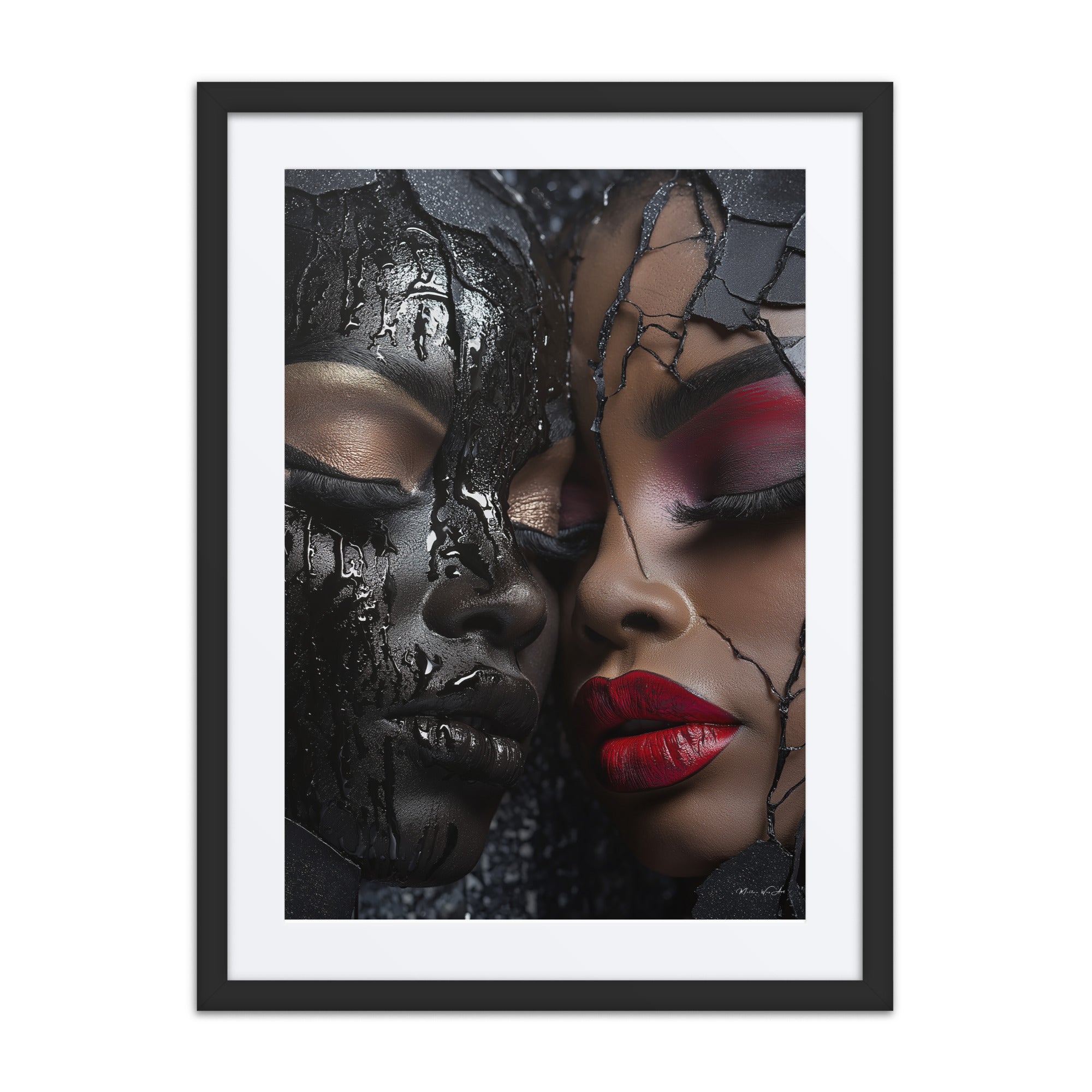 Shattered Unity - Modern African-American abstract framed canvas art print with dramatic glossy black and bright red colors, ready-to-hang.