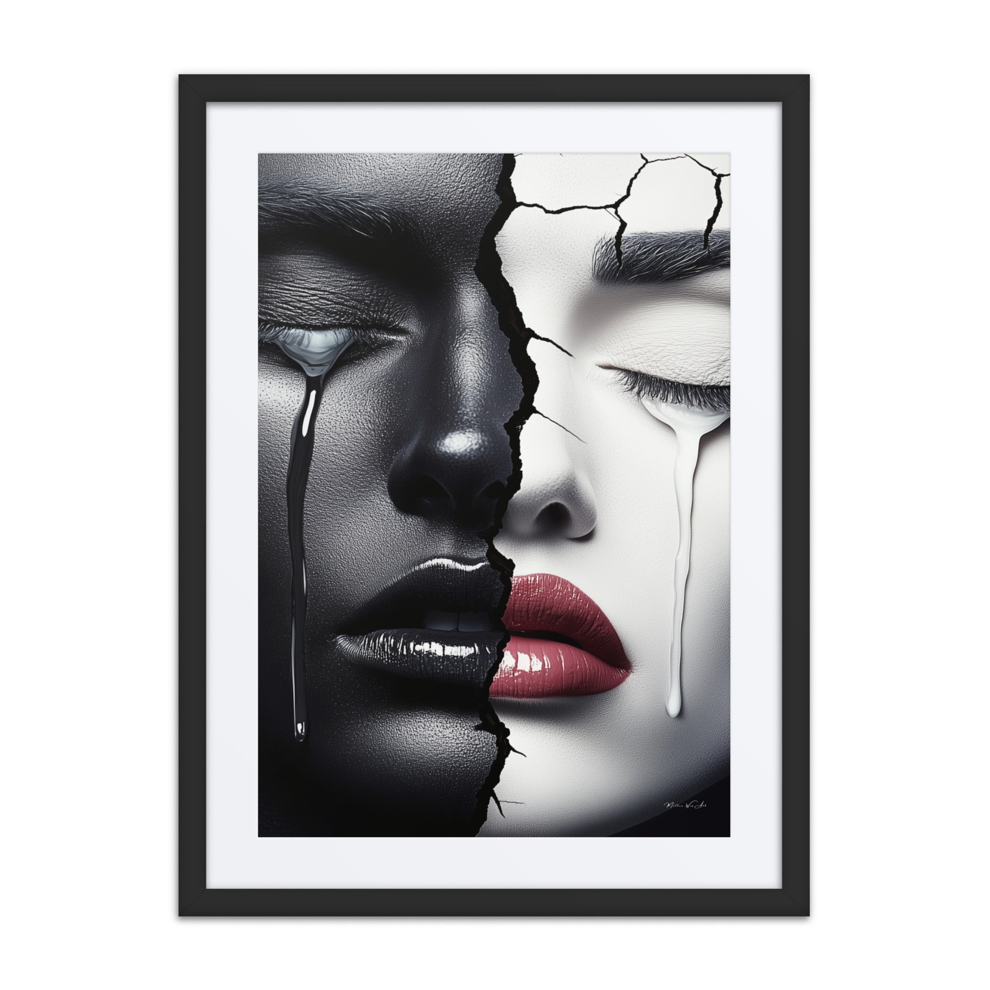 Duality of Tears framed abstract African-American canvas art with black and white fractured faces, vibrant wall art for Afrocentric home decor