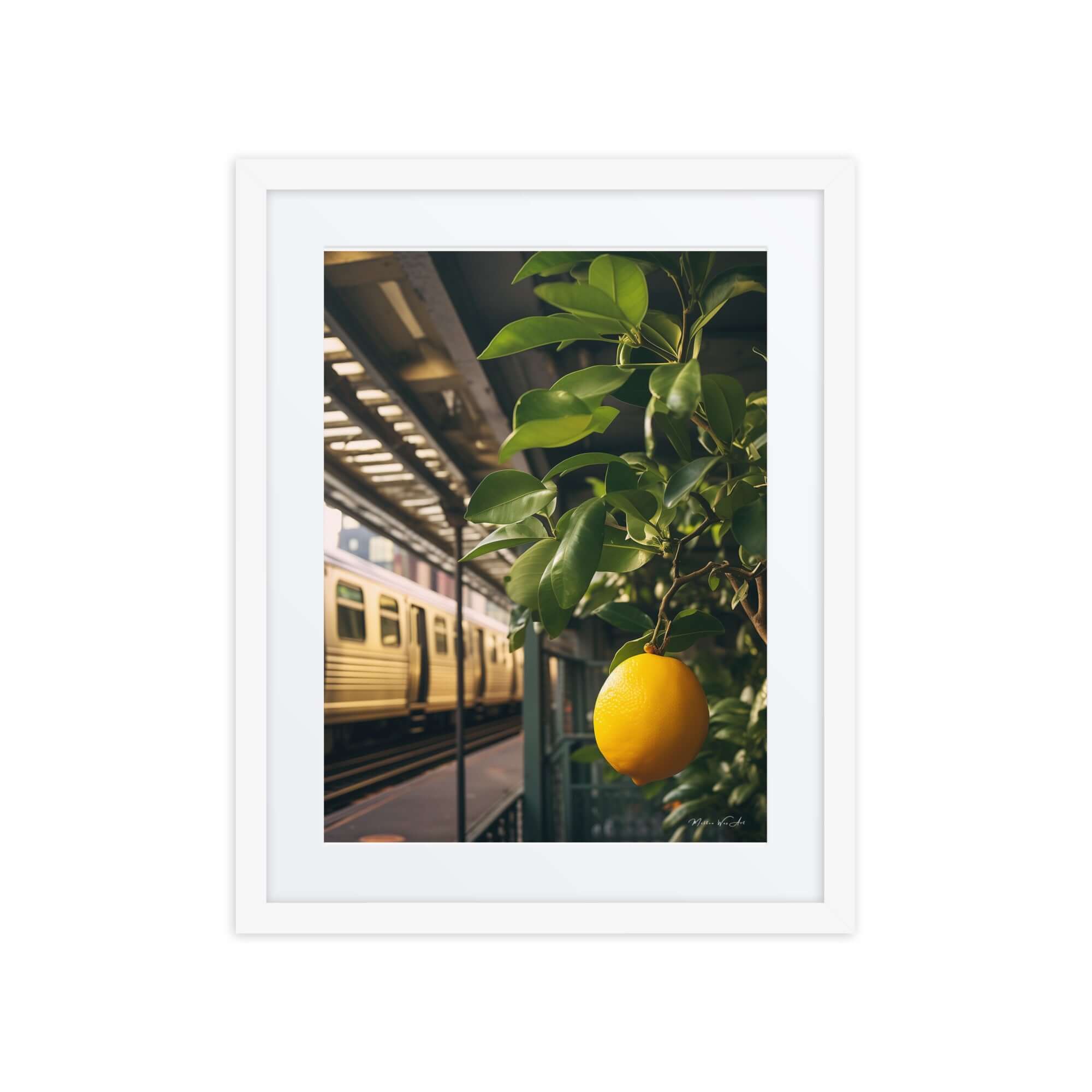 Framed NYC Lemon Tree kitchen art print featuring vibrant lemon and subway for modern African-American home decor