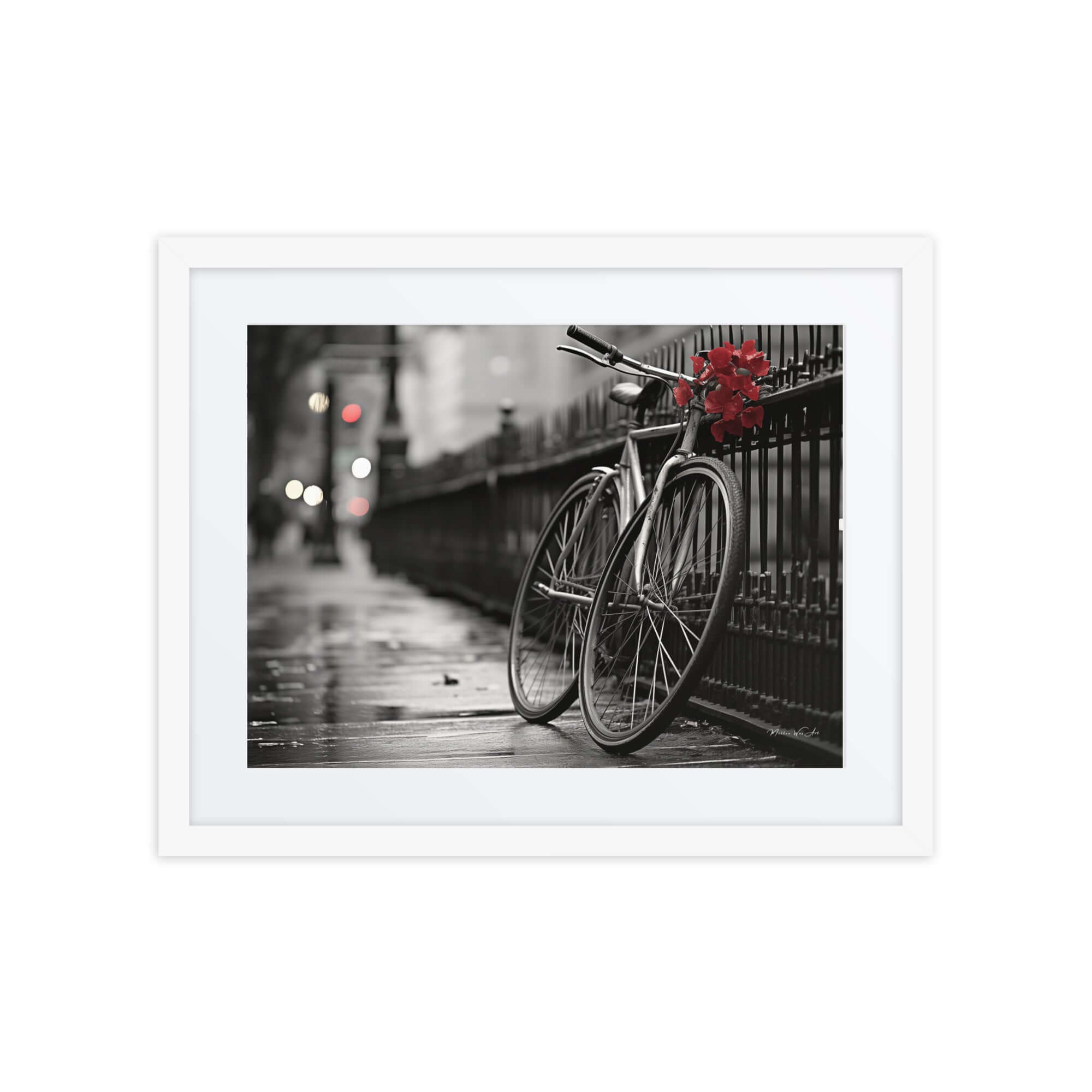 Black and white urban photography with a pop of red flowers on a bicycle, framed African-American wall art with a modern touch.