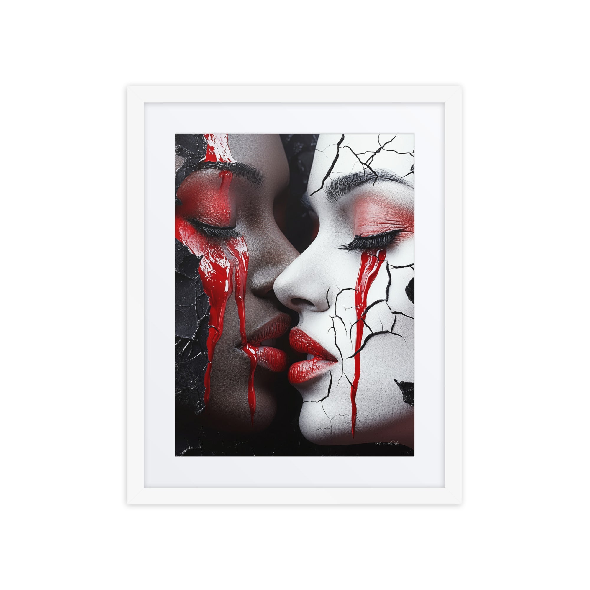 Embrace of Shadows and Light - Abstract African-American Framed Print showcasing two faces with vivid red accents and cracked textures.