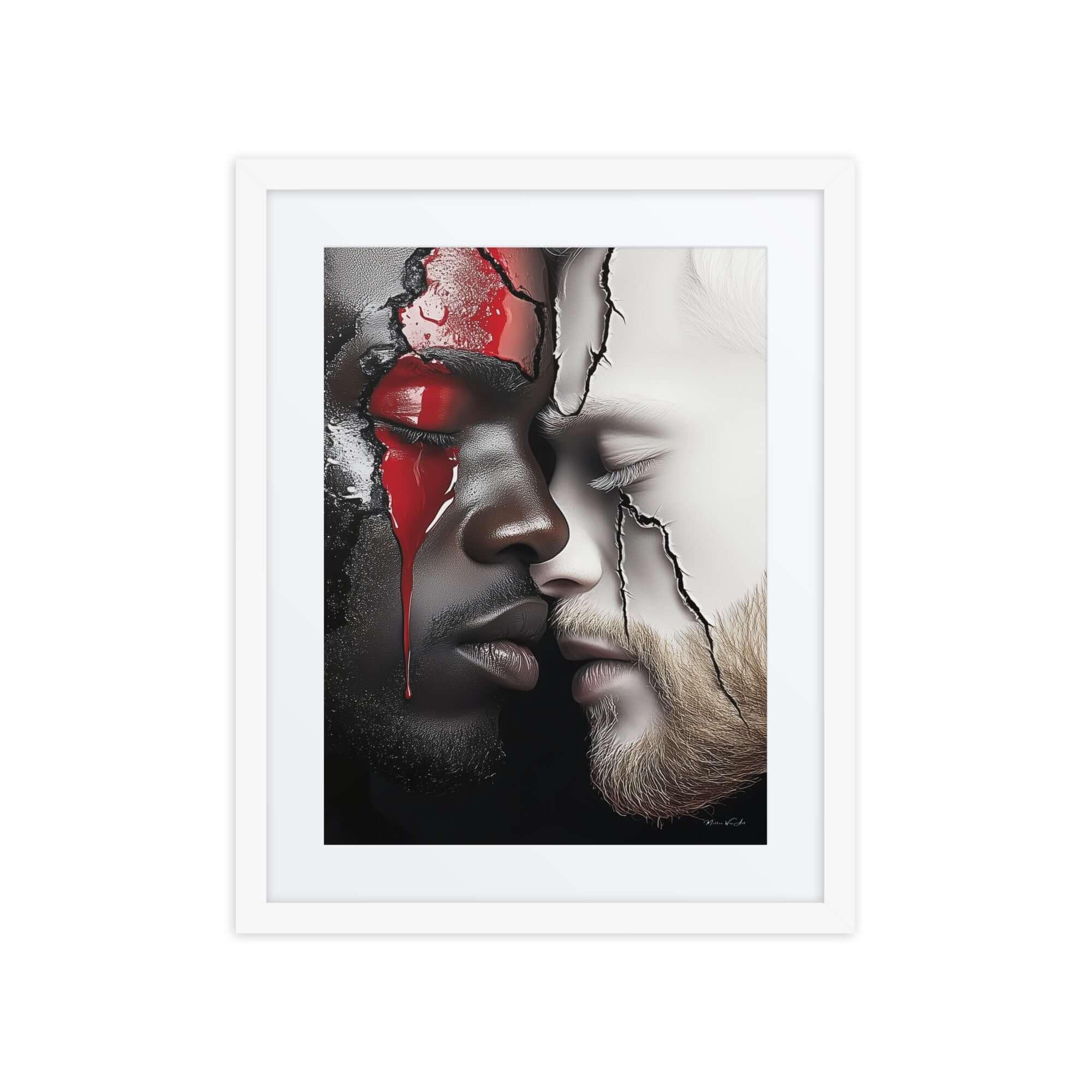 Framed print of two lovers with fractured faces, embodying imperfect love. Contemporary art by Corey Wesley, ready to hang.