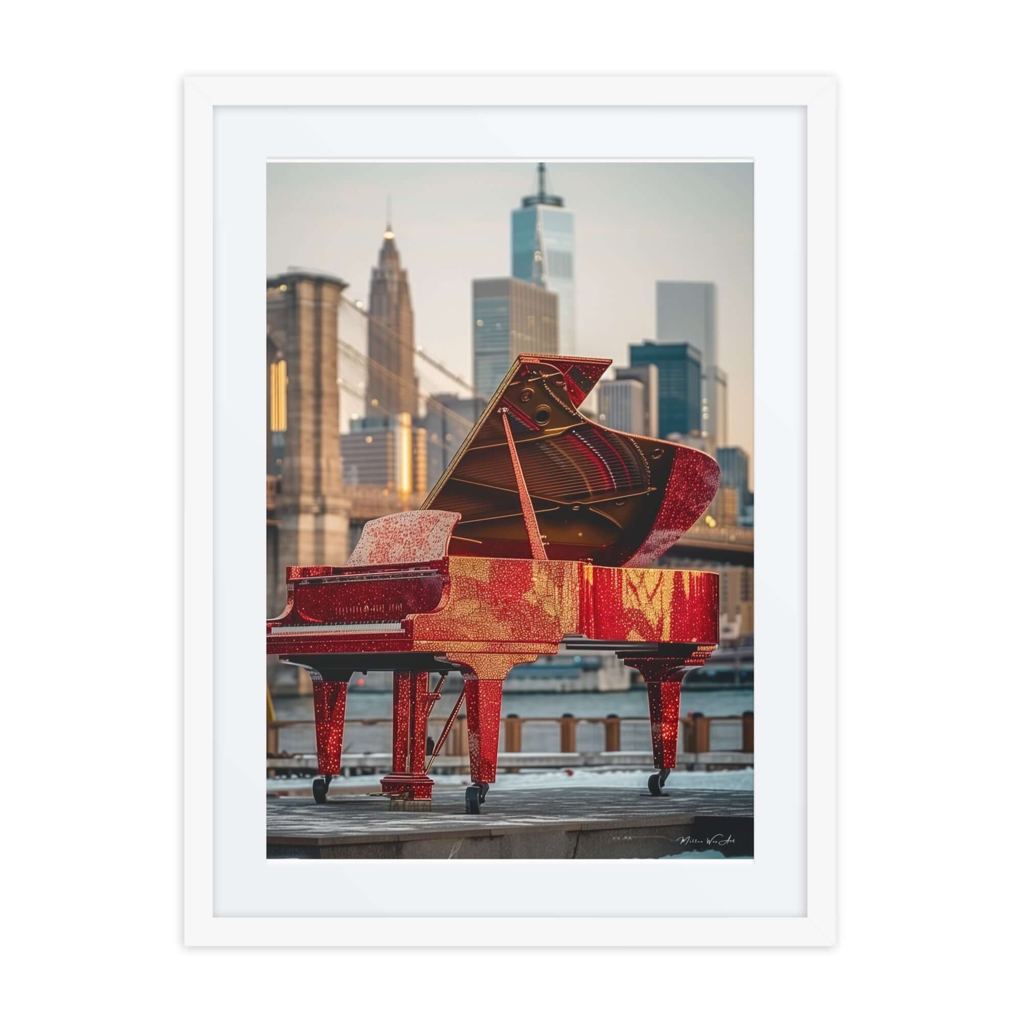 Glittering Red Grand Piano Framed Print with Cityscape Background - Modern African-American Wall Art for Music Lovers and Afrocentric Home Decor