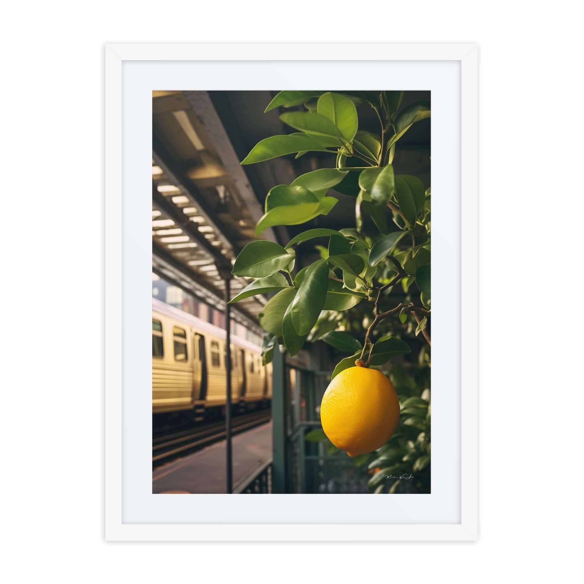 Vibrant NYC lemon tree framed print, modern African-American wall art, ready-to-hang canvas, Afrocentric home decor, colorful kitchen artwork