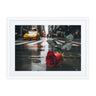 Red Rose Rainy NYC Framed Poster - Urban street scene wall art featuring a vibrant red rose on a rainy New York City street.