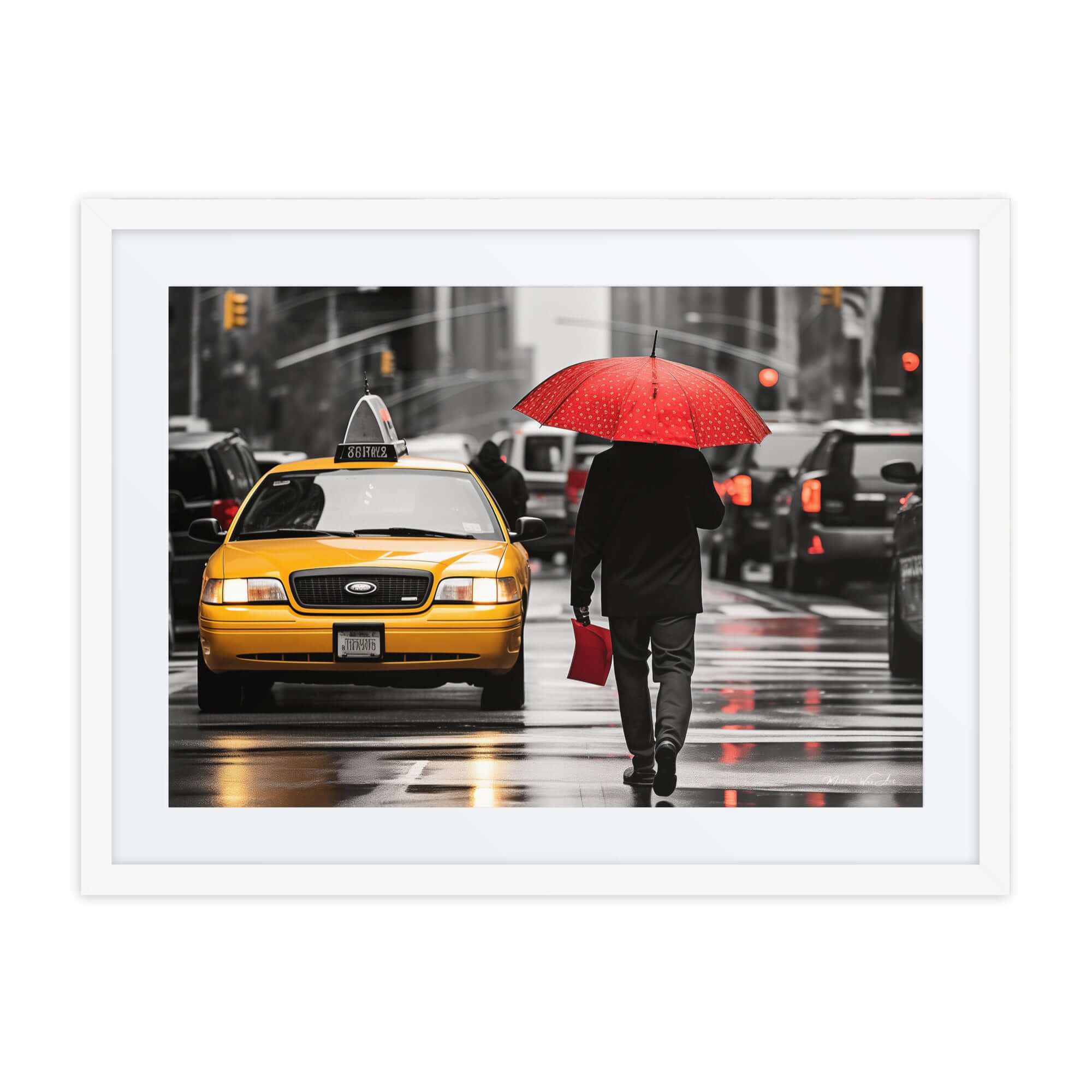 Iconic New York Taxi Poster Art featuring a person with a red umbrella, perfect for Afrocentric home decor and colorful framed wall art.