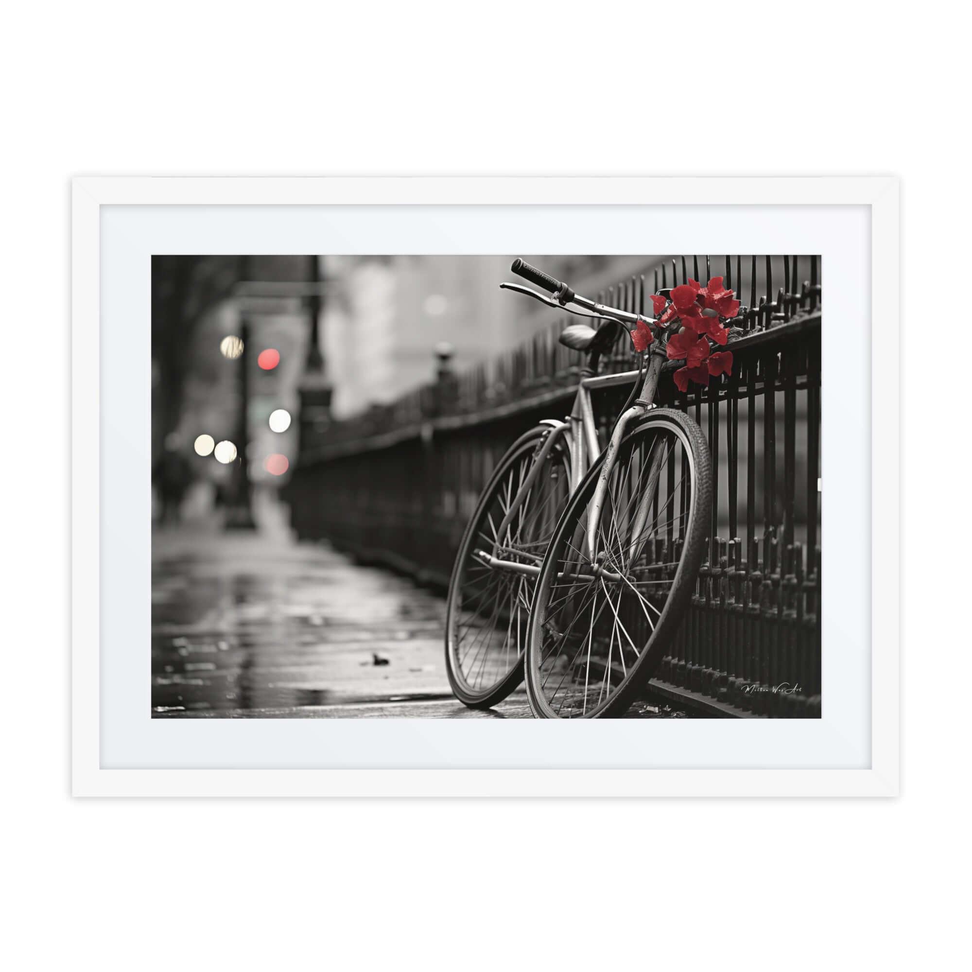 Red Floral Bicycle Print, Black-and-White Urban Photography, Modern African-American Canvas Art, Ready-to-Hang Framed Wall Decor