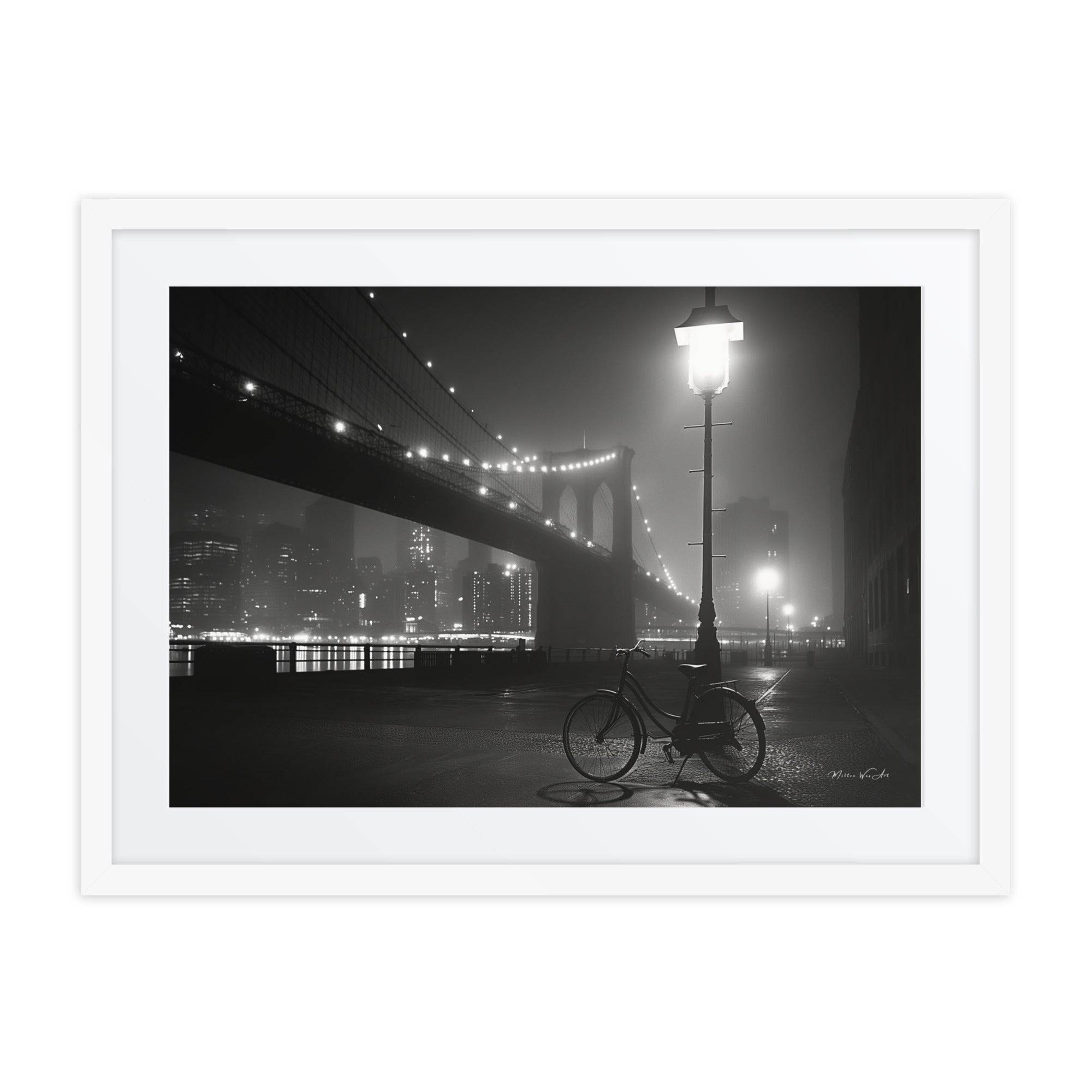 Vintage bicycle Brooklyn Bridge poster, retro New York wall art, frame-ready, black and white cityscape, nostalgic Afrocentric home decor