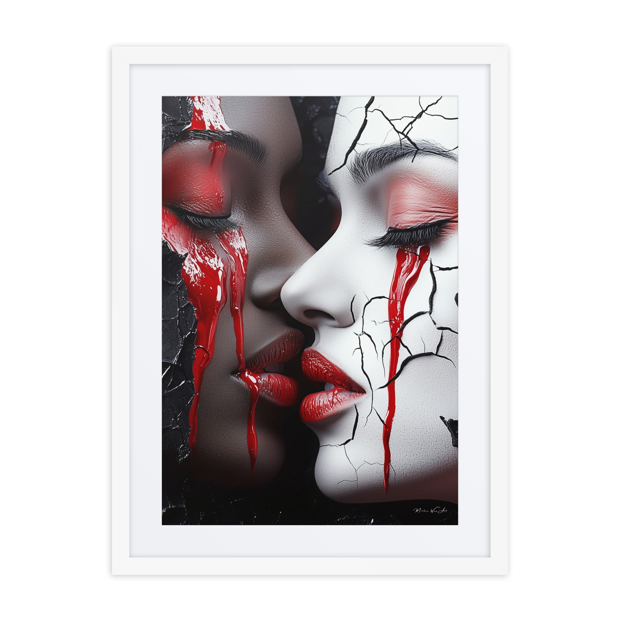 Embrace of Shadows and Light - Abstract African-American Framed Canvas Art Print with Red Accents