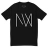 Milton Wes Signature T-Shirt in black, front view with the white MW monogram printed in thin lines across the chest.