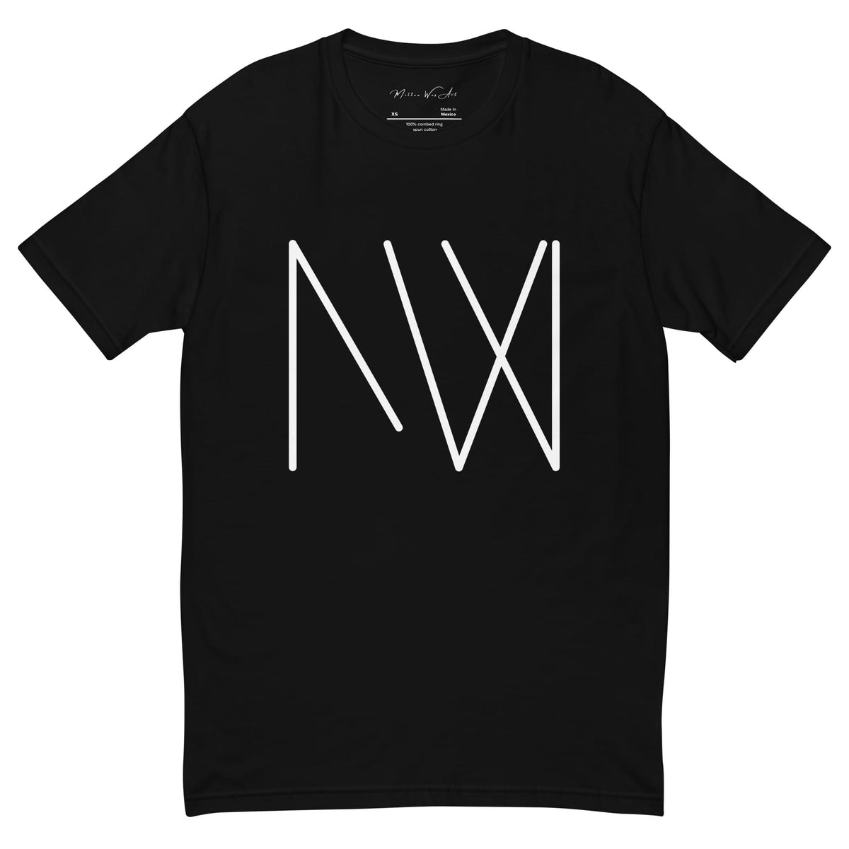 Milton Wes Signature T-Shirt in black, front view with the white MW monogram printed in thin lines across the chest.
