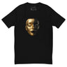 Milton Wes Dimensional Face T-Shirt in black, front view with a sculptural face split into gold and black halves.
