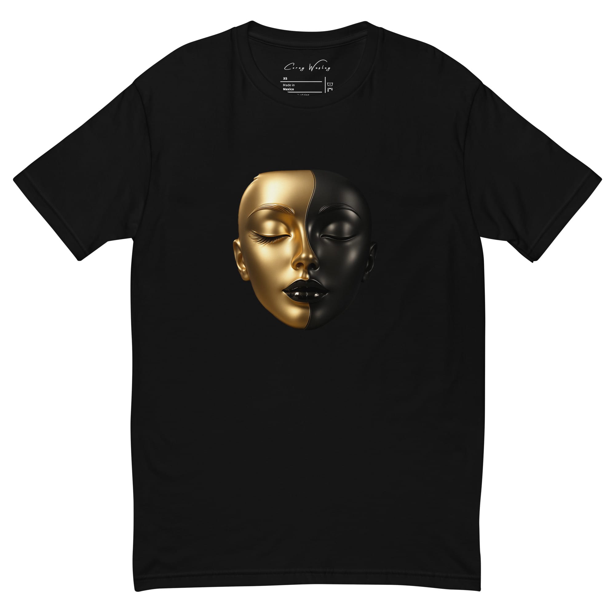 Milton Wes Dimensional Face T-Shirt in black, front view with a sculptural face split into gold and black halves.