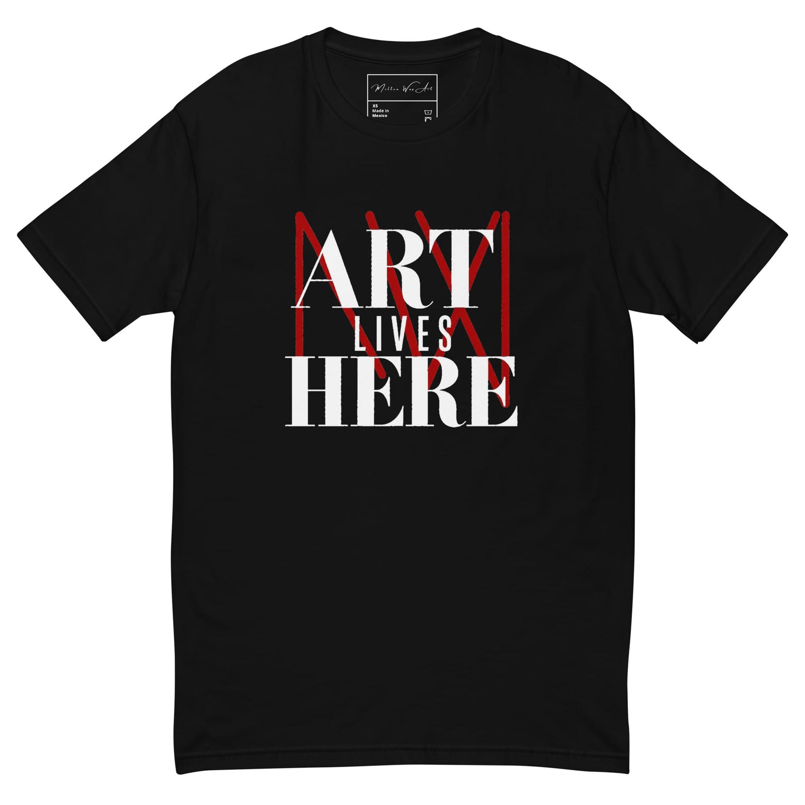 Art Lives Here T-Shirt in black, front view with white serif lettering over the red MW logo.