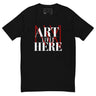 Art Lives Here T-Shirt in black, front view with white serif lettering over the red MW logo.
